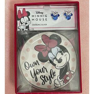 Disney Kids Sterling Silver Blue Crystal Minnie Mouse Stud Earrings & Mini Dish
